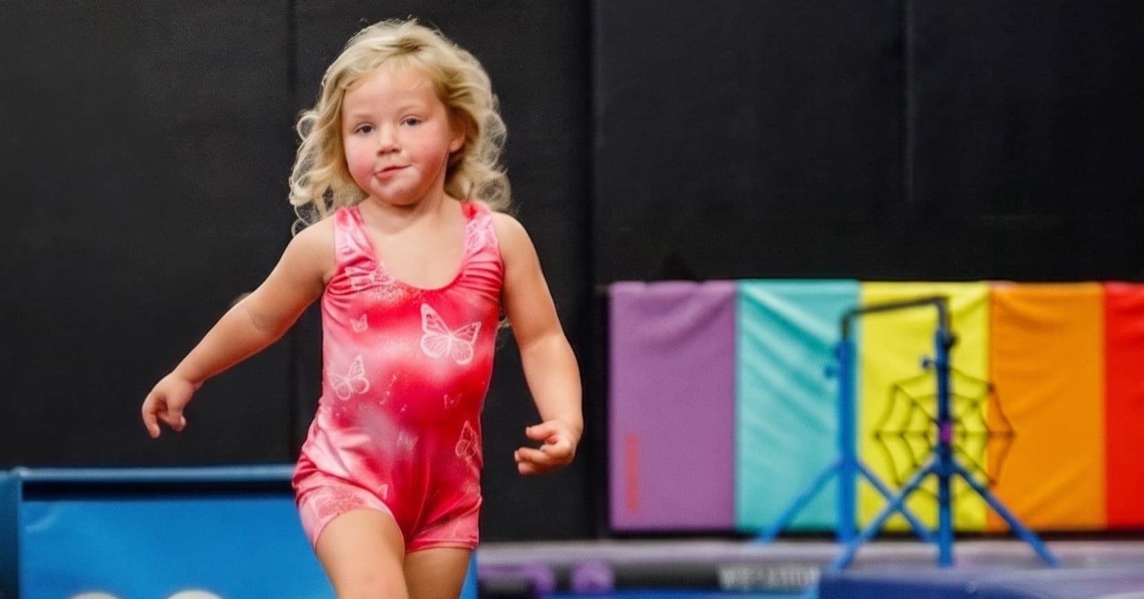 A little girl in a pink leotard running across the gymnastics floor