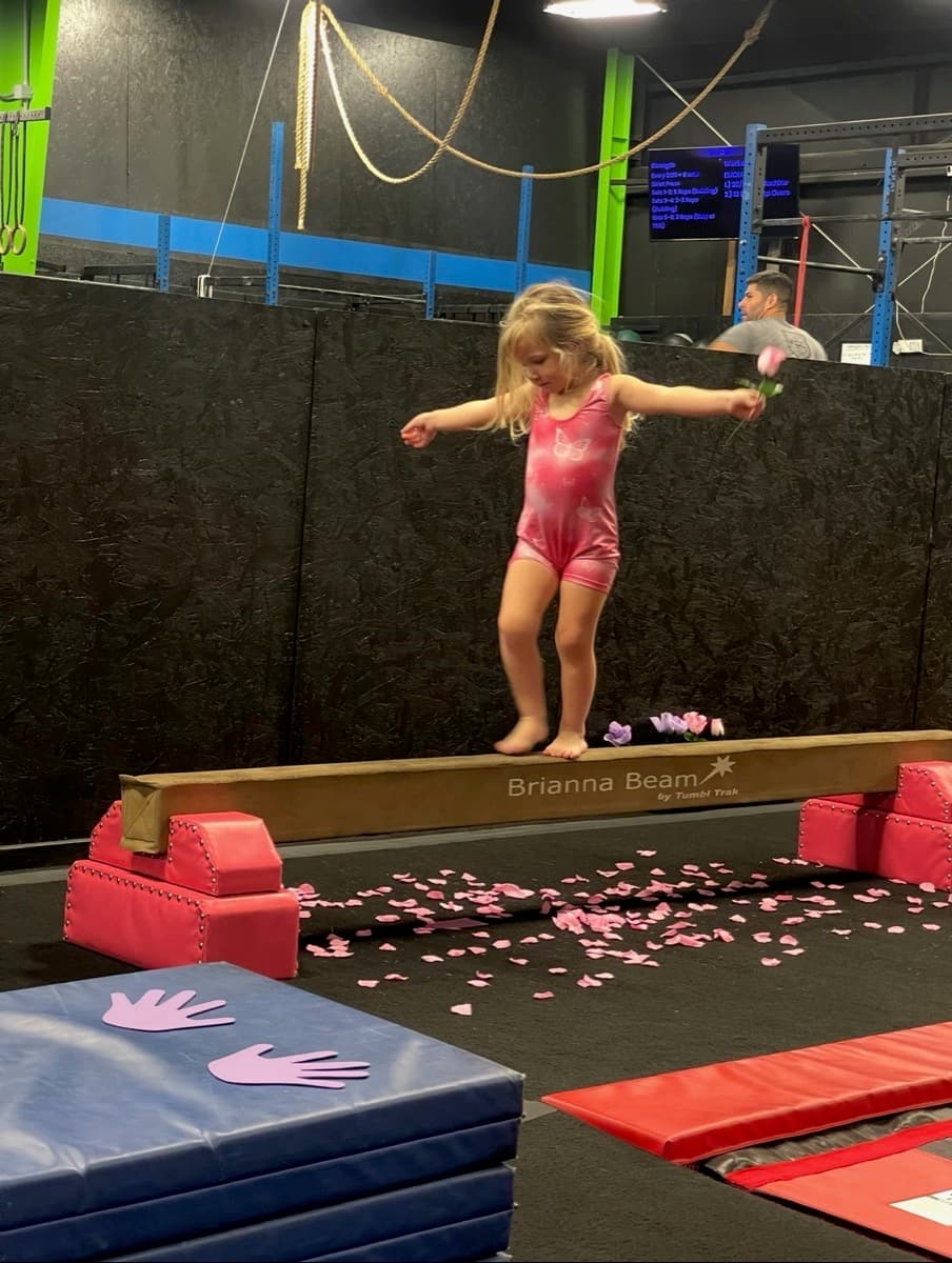 A little girl in a pink leotard balancing on the beam, arms out